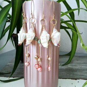 Long beaded mermaid vibes dangle drop earrings, 4.5" shells & mother of pearl